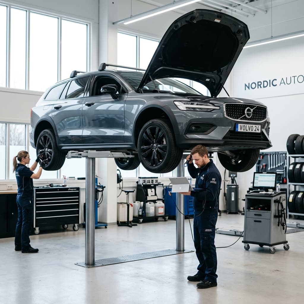 A mechanic inspecting a modern car in a brightly lit professional garage