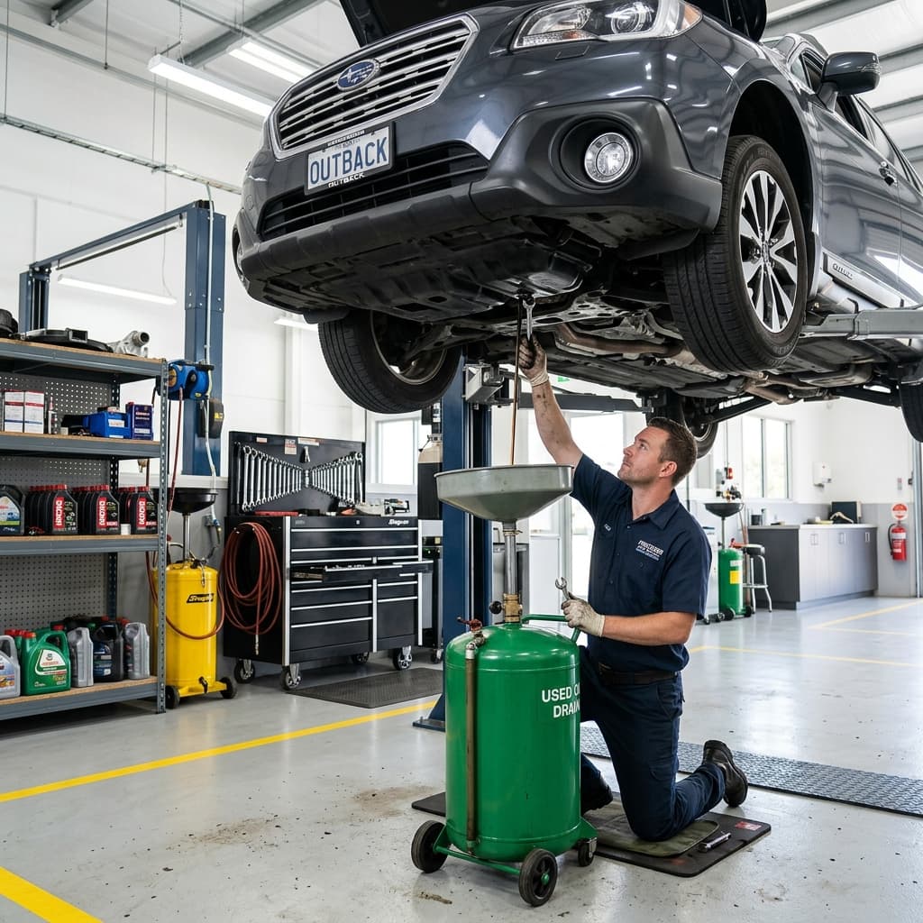 Clean, professional automotive service bay showing an oil change