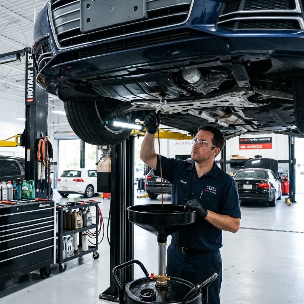 A professional mechanic performing an oil change on a car on a lift