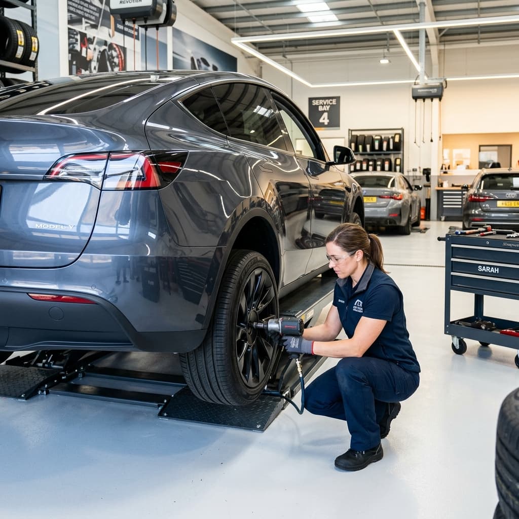 Technician removing a tire in a bright automotive service bay